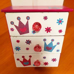 CLAIRE'S JEWELERY BOX - KIDS' "PRINCESS" MINI WOODEN DRESSER - 8" X 6" X 3"